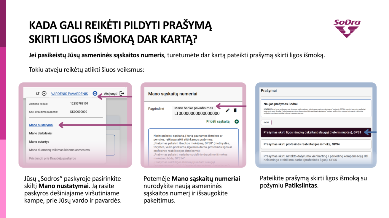 Asmeninės gyventojo paskyros vaizdas. Informacija, kada pildyti ligos išmoką dar kartą.