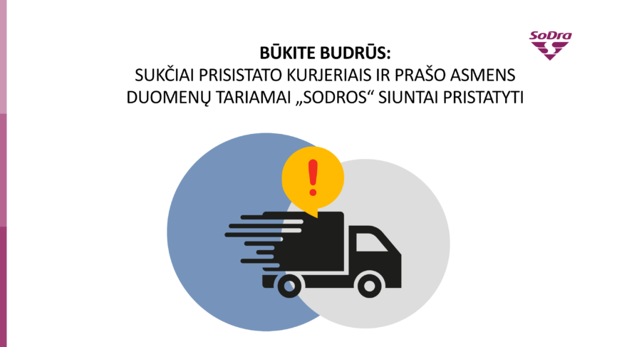Paveikslėlyje užrašyta: „Būkite budrūs. Sukčiai prisistato kurjeriais ir prašo asmens duomenų tariamai „Sodros“ siuntai pristatyti.“ Situacija iliustruojama greitai važiuojančio kurjerio automobilio ikonėle, perspėjančiu raudonu šauktuku geltoname apskritime. Šie simboliai yra persidengiančių mėlyno ir pilko apskritimų fone.